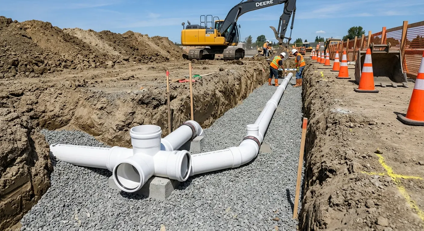 New PVC sewer pipe installation in open trench for Sewer Backup in Coventry