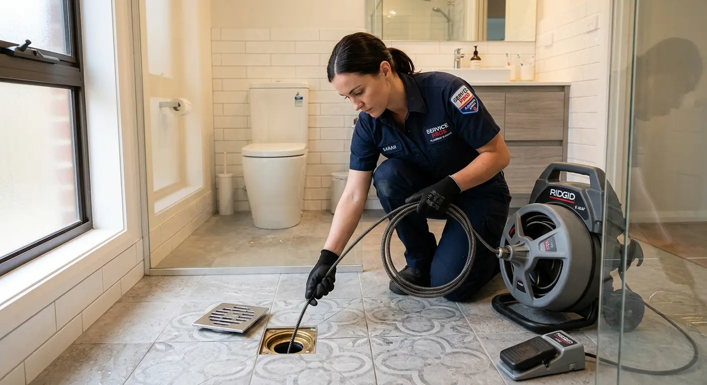 Technician clearing a bathroom floor drain for Sewer Line Replacement in Coventry